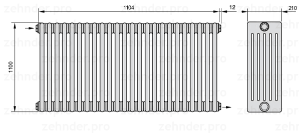 Схема (чертеж) Радиатор Zehnder Charleston 6110/24 №1670 Белый глянцевый RAL 9016